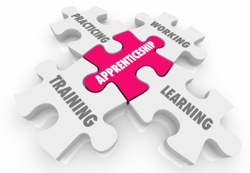 puzzle pieces connecting apprenticeship, practicing, working, training and learning